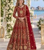 Red net semi stitched anarkali suit with codding & stone work