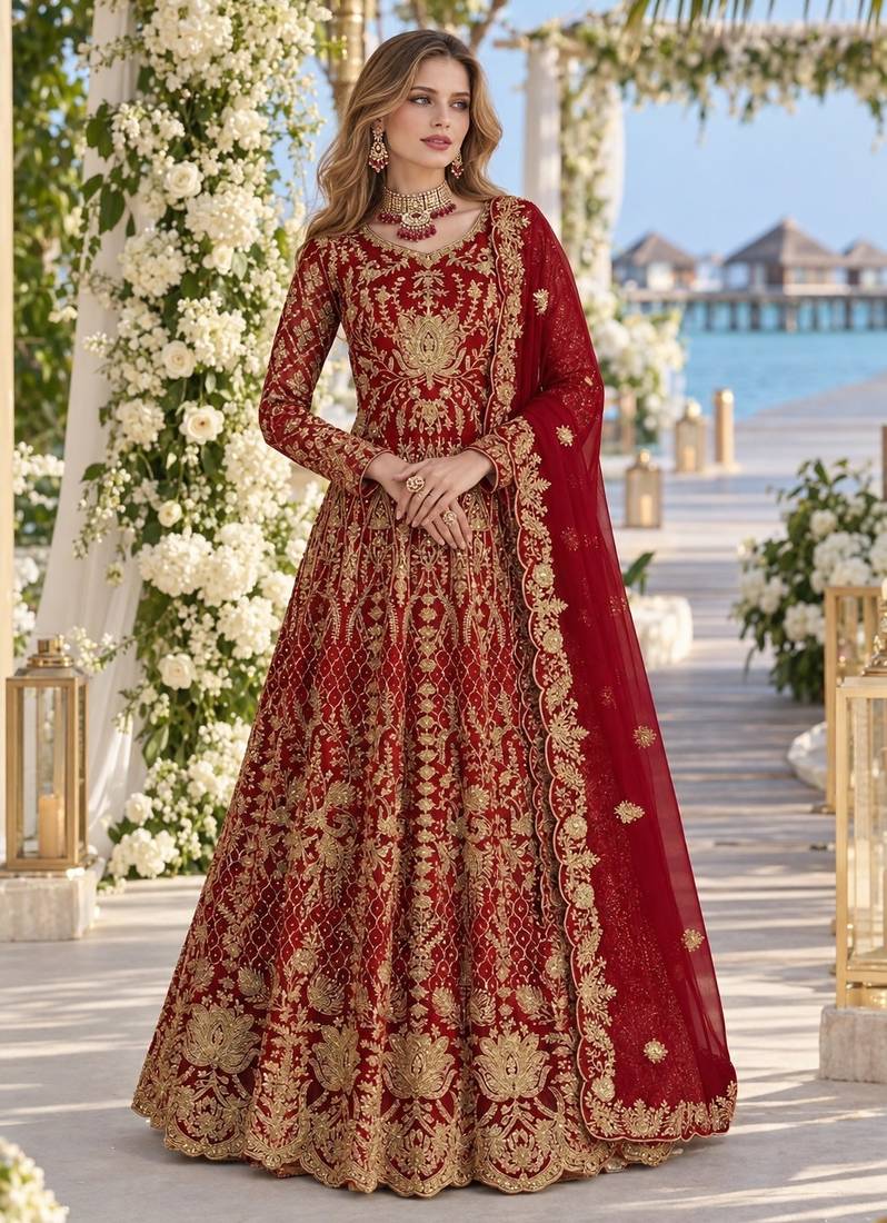 Red net semi stitched anarkali suit with codding & stone work