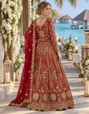 Red net semi stitched anarkali suit with codding & stone work 2