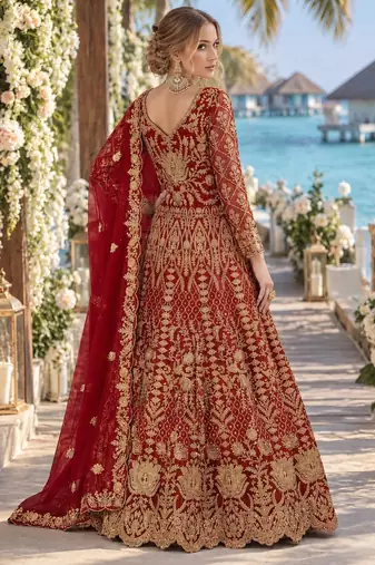 Red net semi stitched anarkali suit with codding & stone work