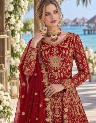 Red net semi stitched anarkali suit with codding & stone work 3