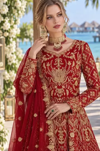 Red net semi stitched anarkali suit with codding & stone work