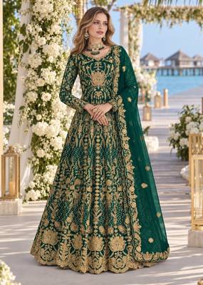 D green net semi stitched anarkali suit with codding & stone work 1