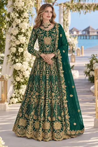 D green net semi stitched anarkali suit with codding & stone work