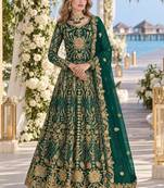 D green net semi stitched anarkali suit with codding & stone work