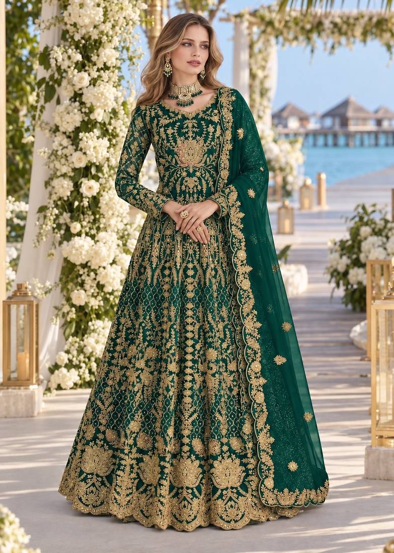 D green net semi stitched anarkali suit with codding & stone work