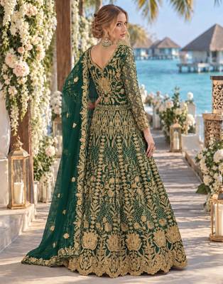 D green net semi stitched anarkali suit with codding & stone work 2
