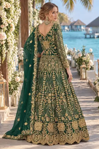 D green net semi stitched anarkali suit with codding & stone work