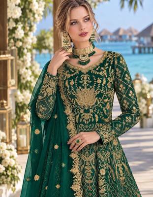 D green net semi stitched anarkali suit with codding & stone work 3