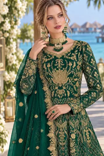 D green net semi stitched anarkali suit with codding & stone work