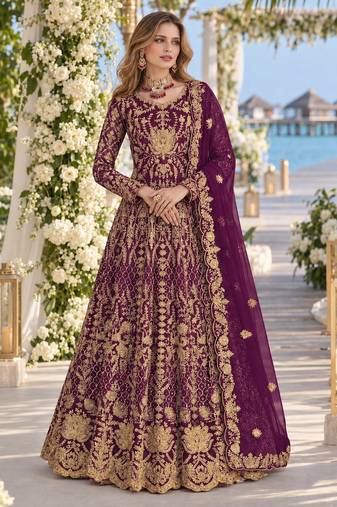 Purple net semi stitched anarkali suit with codding & stone work