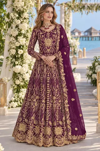 Purple net semi stitched anarkali suit with codding & stone work