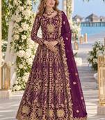 Purple net semi stitched anarkali suit with codding & stone work