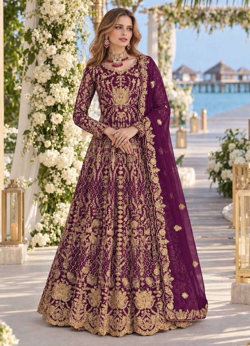 Purple net semi stitched anarkali suit with codding & stone work