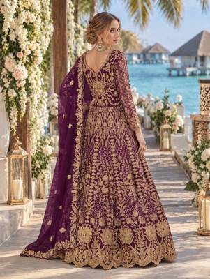 Purple net semi stitched anarkali suit with codding & stone work 2