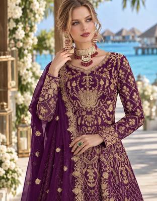 Purple net semi stitched anarkali suit with codding & stone work 3