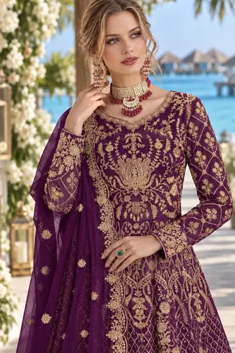Purple net semi stitched anarkali suit with codding & stone work