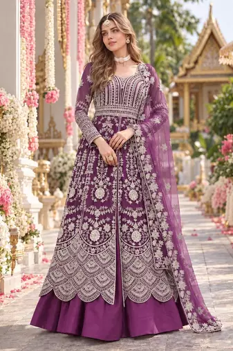 Purple net semi stitched anarkali suit with embroidery & stone work