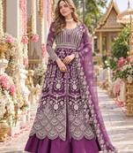 Purple net semi stitched anarkali suit with embroidery & stone work