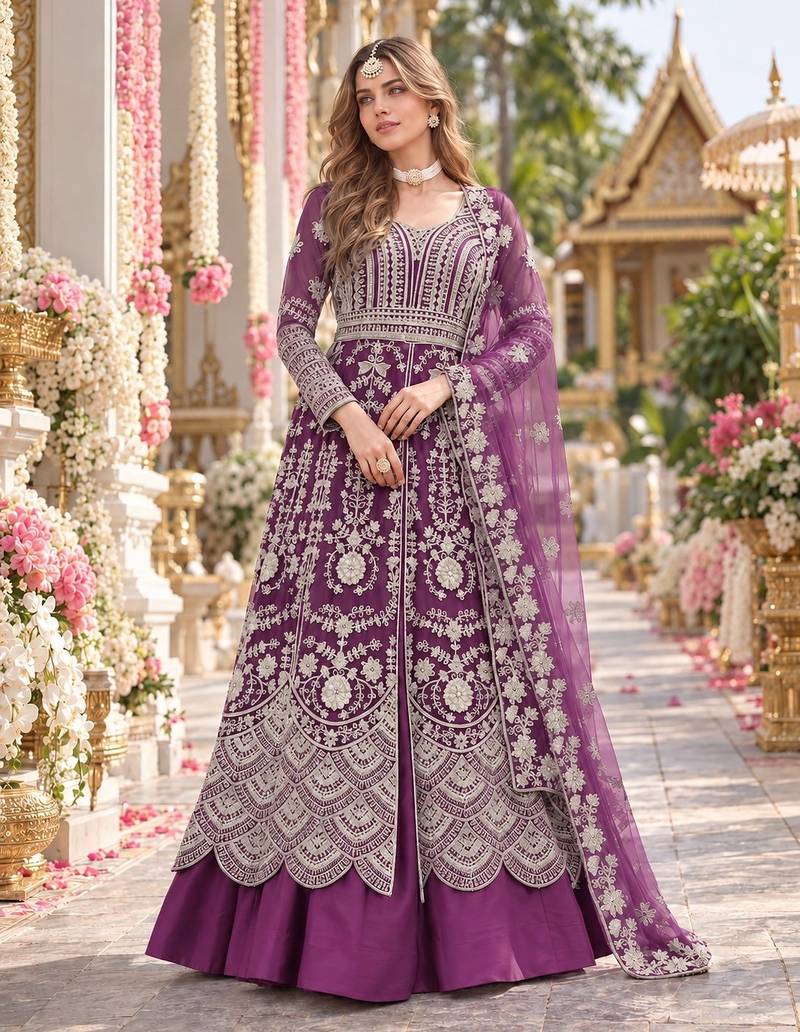 Purple net semi stitched anarkali suit with embroidery & stone work