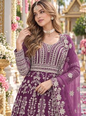 Purple net semi stitched anarkali suit with embroidery & stone work 2