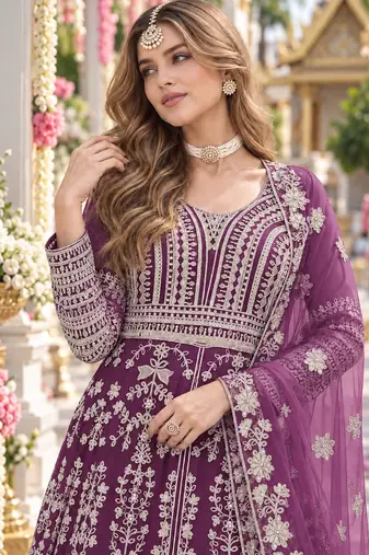 Purple net semi stitched anarkali suit with embroidery & stone work