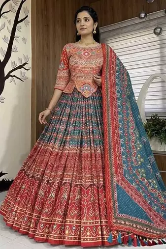 Red Mirror Navratri Lehenga Choli With Dupatta