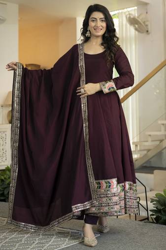 Maroon roman silk party  embroidery wear anarkali  suit set