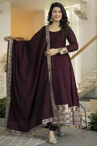 Maroon roman silk party  embroidery wear anarkali  suit set