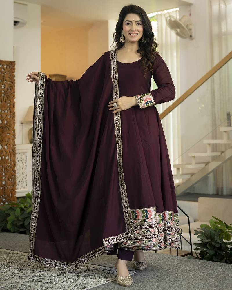 Maroon roman silk party  embroidery wear anarkali  suit set