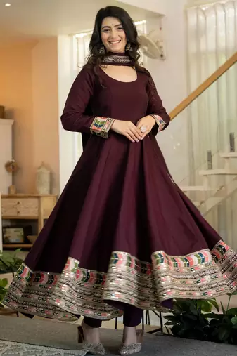 Maroon roman silk party  embroidery wear anarkali  suit set