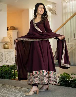 Maroon roman silk party  embroidery wear anarkali  suit set 3