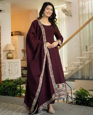 Maroon roman silk party  embroidery wear anarkali  suit set 4