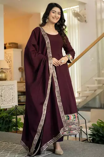 Maroon roman silk party  embroidery wear anarkali  suit set