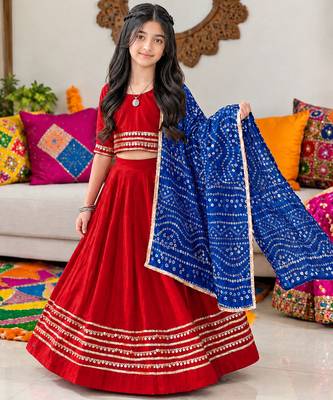 Red cotton gota patti girls lehenga choli with bandhani dupatta 1