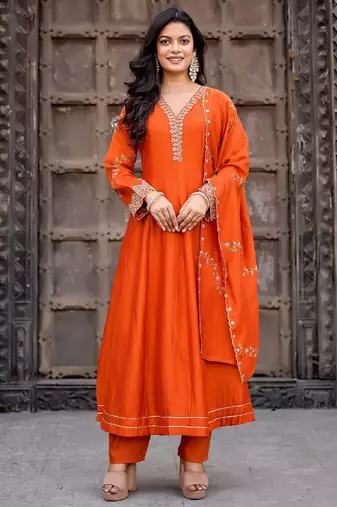 Orange embroidered vichitra silk kurti with pant and duppata set