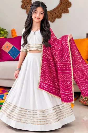 White cotton gota patti girls lehenga choli with bandhani dupatta