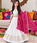 White cotton gota patti girls lehenga choli with bandhani dupatta