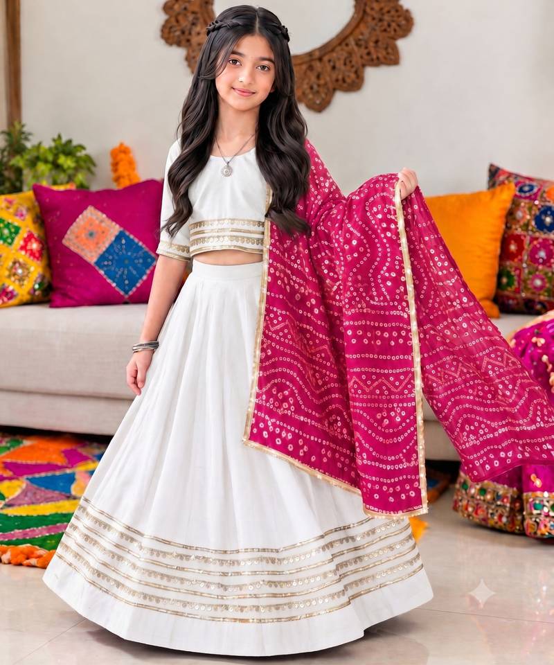 White cotton gota patti girls lehenga choli with bandhani dupatta