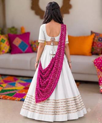 White cotton gota patti girls lehenga choli with bandhani dupatta 2