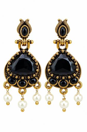 Gold oxidised traditional black drop earrings