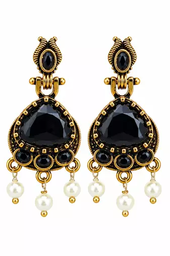 Gold oxidised traditional black drop earrings