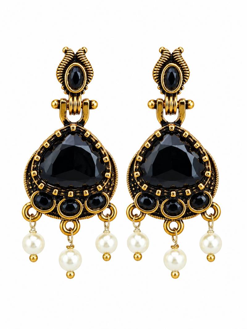Gold oxidised traditional black drop earrings