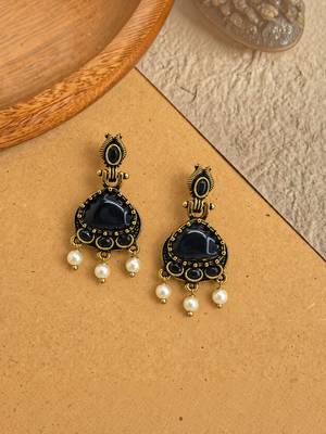 Gold oxidised traditional black drop earrings 2