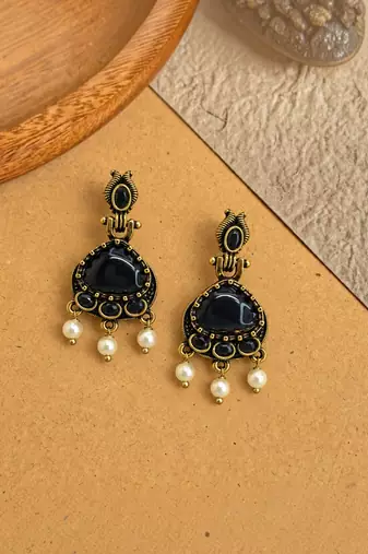 Gold oxidised traditional black drop earrings