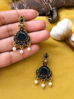 Gold oxidised traditional black drop earrings 3