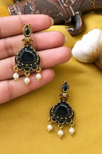 Gold oxidised traditional black drop earrings