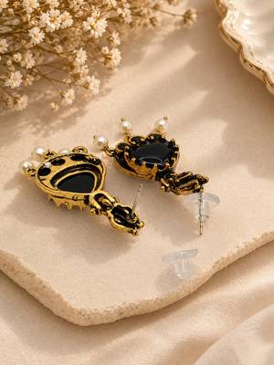 Gold oxidised traditional black drop earrings 4