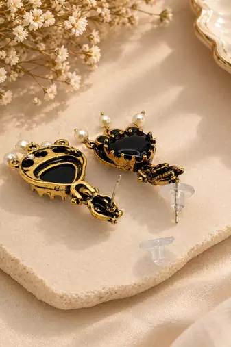 Gold oxidised traditional black drop earrings