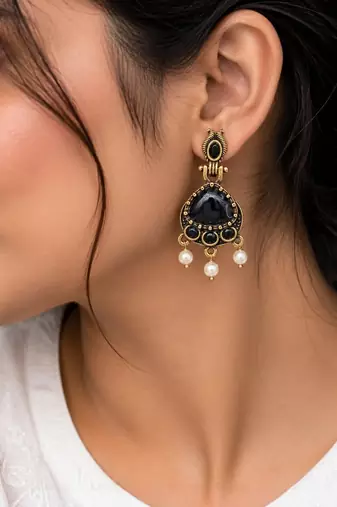 Gold oxidised traditional black drop earrings